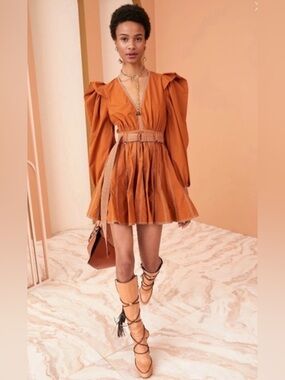Ulla Johnson Rust Orange V-Neck Mini Dress with Statement Belt